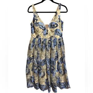 Marina Blue Floral Embroidered V-Neck Fit and Flare Cocktail Dress Size 4